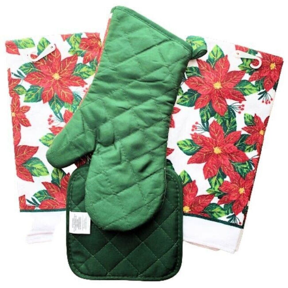 Christmas Poinsettia NEW Kitchen Linens Mitt Towel Pot Holders 5 Piece Bundle